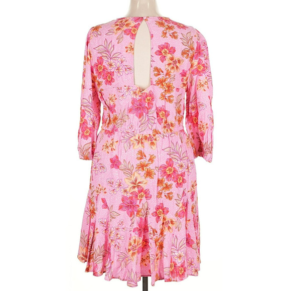 Loft XL Cocktail Dress Cutout Floral 3/4 Sleeve Midi Pink Elastic Waist NWT - Picture 2 of 8
